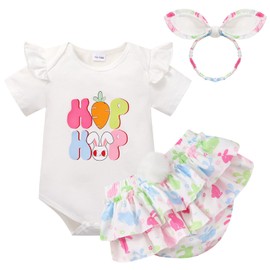 Miyanuby Baby Girl Easter Outfit Bunny Print Short Sleeve Romper Elastic Waist Shorts with Headband 3Pcs Clothes Set White
