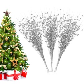 Losris Christmas Artificial Glitter Berry Stem Decorations Decorative Bead Sticks Xmas Picks Glittery Twigs Branches for Christmas Tree Wreath Gift Vase Home Decor Party Ornaments Silver 24 PCS