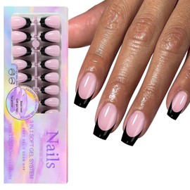 150Pcs Black French Tip Press on Nails Short Coffin Fake Nails In15 Sizes 3 IN 1 Soft Gel Nail Tips Pink Glossy Reusable Acrylic Nails No Need to File False Nails for Women Girls Manicure