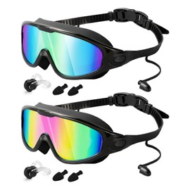 Necomi Swimming Goggles 2 Pack, Anti-fog, UV Protection, 180° Wide Field of View Leak Proof Swimming Goggles, Suitable for Women Men Adult Teenagers, Complimentary Ear Plugs, Nose Clips