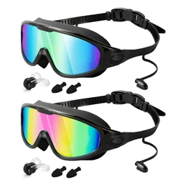 Necomi Swimming Goggles 2 Pack, Anti-fog, UV Protection, 180° Wide Field of View Leak Proof Swimming Goggles, Suitable for Women Men Adult Teenagers, Complimentary Ear Plugs, Nose Clips