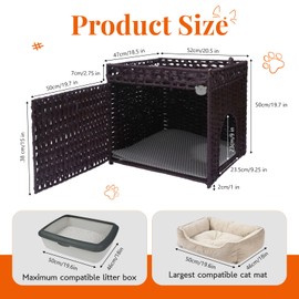 Cat Litter Box Enclosure Furniture Hidden Cabinet - Handwoven Rattan Pet House with 2 Removable Mats - Large Foldable Design for Privacy - Fits Living Room, Bedroom, Balcony Brown