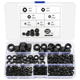 TA-VIGOR 220Pcs Nylon Hex Lock Nuts Assortment Kit, M3 M4 M5 M6 M8 M10 M12 Black Carbon Steel Nylon Insert Self-locking Nuts, Hexagon Threaded Nyloc Nut Set with Storage Box for Bolts Screws