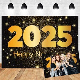 OERJU Happy New Year 2025 Backdrop Black and Gold Glitter Sequins Stars Photography Background Cheers to The New Year Christmas Eve Party Decoration Banner Adult Kids Photo Studio Props 7x5ft