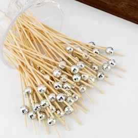 Cocktail Picks, Toothpicks for Appetizers 100PCS, Fancy Tooth Picks, 4.7 Inches Skewers for Fruit Kabobs, Silver Disco Party Supplies, Bamboo Sticks for Fruit Drinks Food Charcuterie Cocktail Garnish