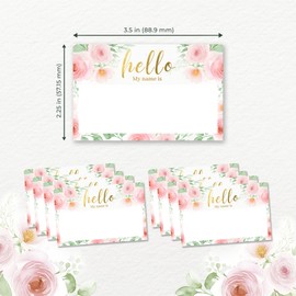 Mobiusea Creation Hello My Name is Stickers | 2.25" x 3.5" Pink Floral with Roses & Gold Foil | 100 Perforated Name Tags for Weddings, Parties, Showers & Events