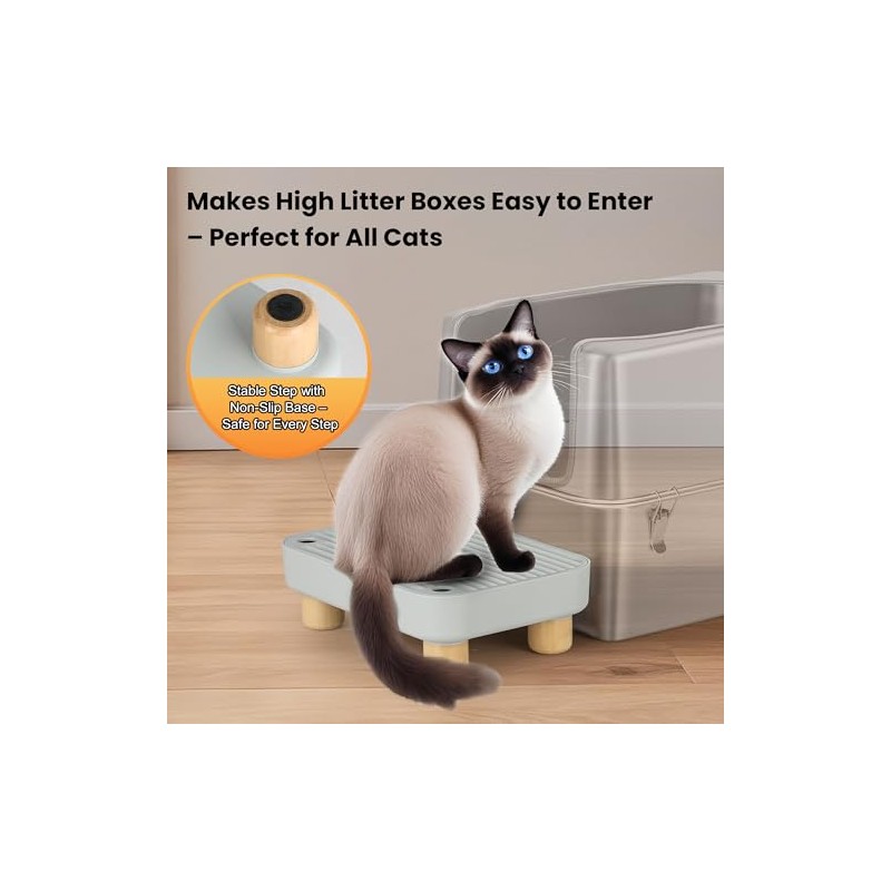 Litter Box Step, Litter Box Ramp/Catcher with Wooden Base, Anti-Tracking
