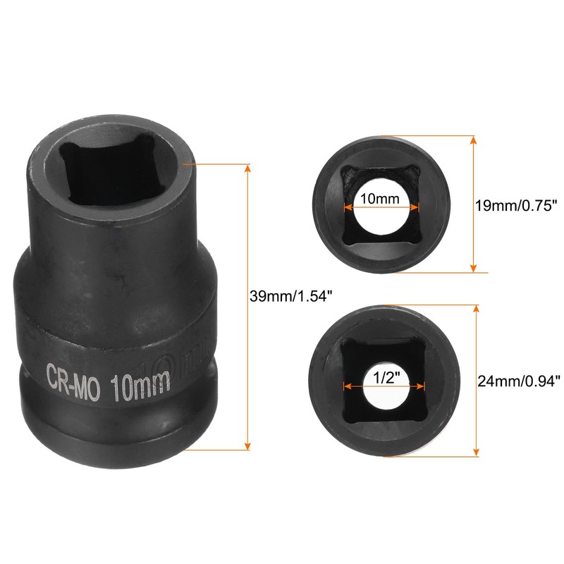 sourcing map 2pcs 4 Point Square Socket 1/2" Drive 10mm