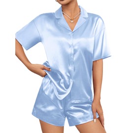 Ekouaer Womens Silk Satin Pajamas Set Short Sleeve Sleepwear Button Down Top and Shorts Loungewear 2 Piece Pjs Set Light Blue, X-Large