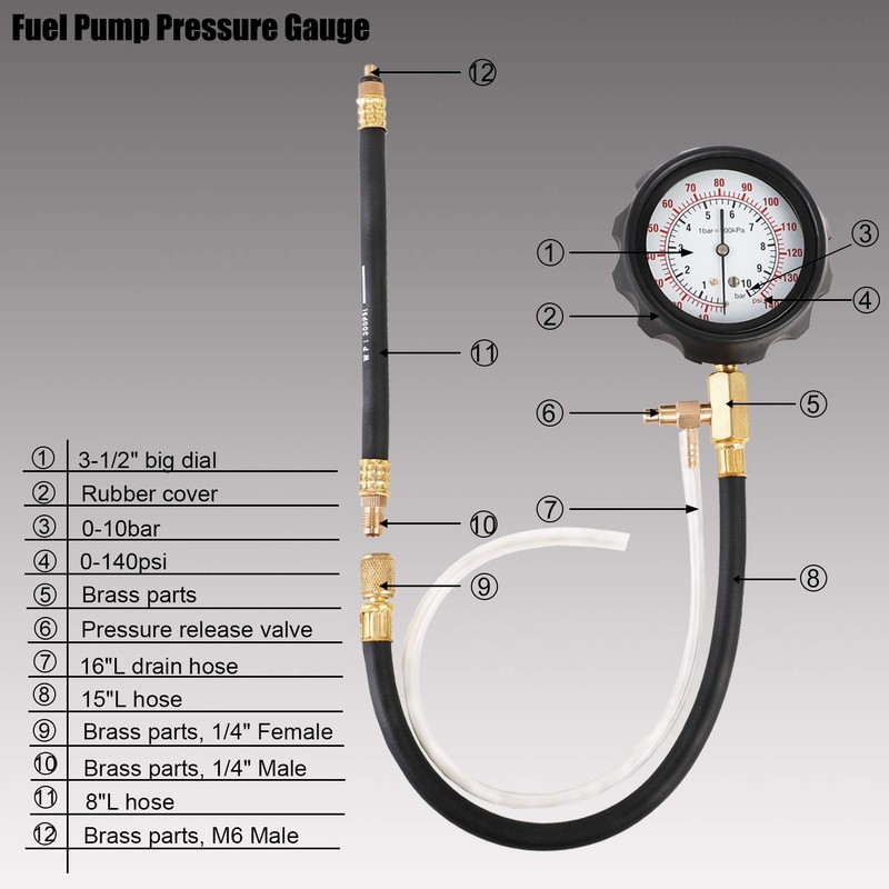 YSTOOL Fuel Pressure Tester Gauge Kit 140PSI Automotive Engine Injector
