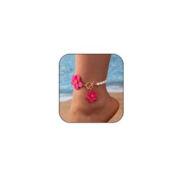 LOOKLITE Flower Anklets Bracelets for Women Plus Size,Boho Pearl Double Flower Ankle Bracelet Hawaiian Summer Beach Floral Anklet Waterproof Foot Jewelry Accessories