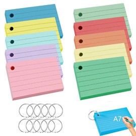 Pack of 500 Index Cards A7 with Ring Vocabulary Cards Flash Cards 150 g/m² Index Cards Colourful with 10 Binder Rings for School Supplies Office Home Learning Notes 10 Colours