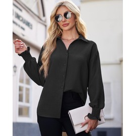 Black Button Down Shirt Women 2025 Fall Trendy Boyfriend French Collar Blouse Wrinkle Free V-Neck Flowy Office Dress Shirt Work Business Chiffon Tunic Tops Lightweight Plus Size Tops Cute Beach
