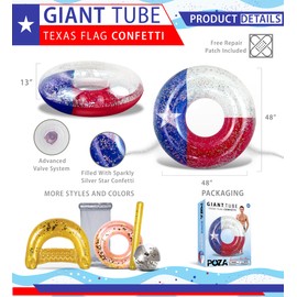POZA Inflatable Texas Flag Pool Float Giant Tube—Sparkling Silver Star Confetti Texan Patriotic Water Toy, Cool Luxurious Floating Ring for Pool, Beach, or Lake - 48 Inch