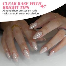 Almond Press on Nails Medium Tip Fake Nails Pale Pink Sheer Glossy Nail Kit 24 PCS Includes Mini File, Jelly Glue Pad, Simple Atmosphere Nude Nails for Women