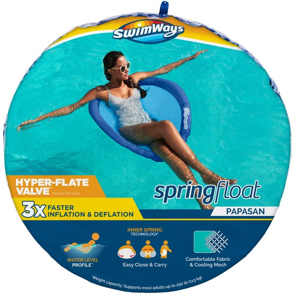 SwimWays Spring Float Papasan Pool Lounger with Hyper-Flate Valve, Inflatable Pool Float, Blue, 36"L x 35.5"W x 2.5"H