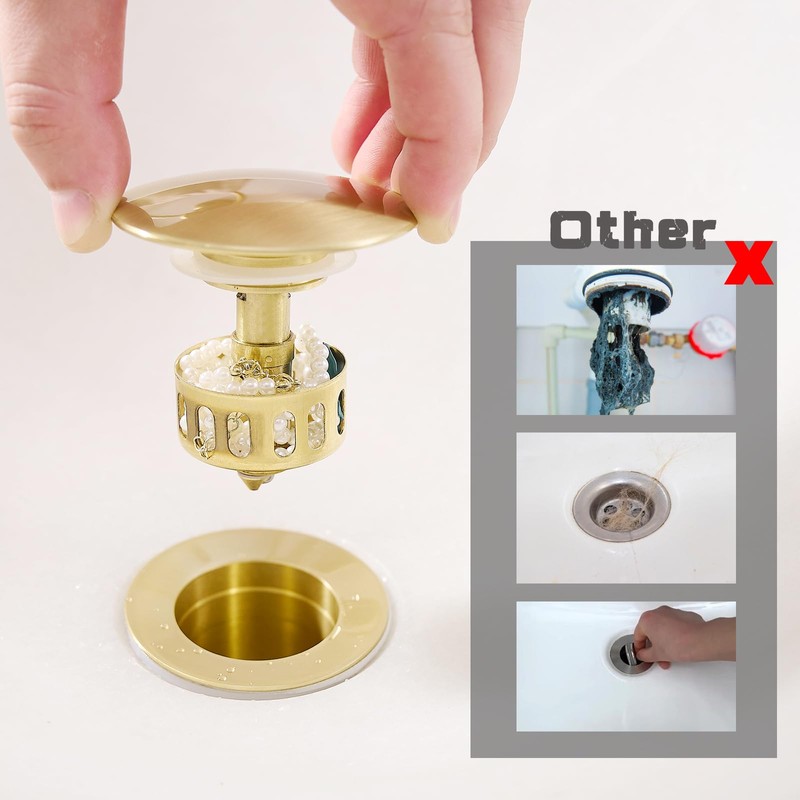VOTON Brushed Gold Pop Up Bathroom Sink Drain with Overflow