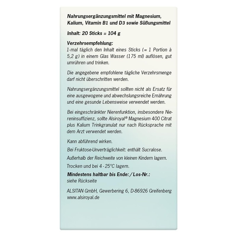 Magnesium 400 Citrate + Potassium Drinking Granules 20 Sticks (0.1