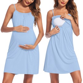 Ekouaer Maternity Dress for Women Nursing Nightgown Breastfeeding Soft Cotton Sleepwear Pregnancy Gown Light Blue