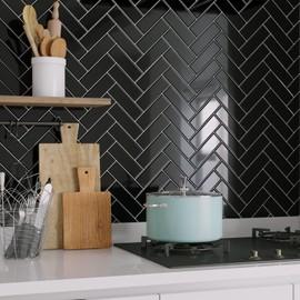 Livelynine 32-Tiles Renter Friendly Black Peel and Stick Backsplash Herringbone Heat Resistant Backsplash Tile for Kitchen Peel Stick Bathroom Wall Tile Stickers Waterproof Back Splash Stick on Tiles