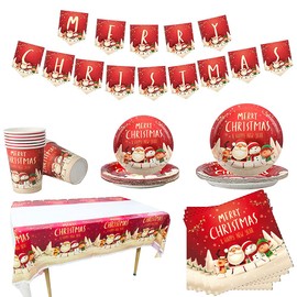 Christmas Tableware Set,16 Guests Christmas Decoration Disposable Dinnerware Set with Xmas Banner Tablecloth Napkin Christmas Paper Plates and Cups for Christmas Party Supplies Tableware Decorations