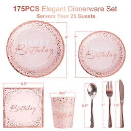 175PCS Happy Birthday Plates and Napkins Party Supplies, Paper Pink and Rose Gold Plastic Forks Knives Spoons Serve 25 Guests for Girl Women