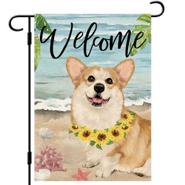 DLZDN Welcome Dog Garden Flag Beach Corgi Garden Flag 12×18 Inch Double Side Vertical Burlap Farmhouse Yard Flag Summer Seasonal Outdoor House Decoration