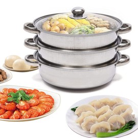 STOBAZA 3 Tier Steamer Pot with Glass Lid - 11.8inch Stainless Steel Steamer Pot Set Kitchen Steamer Cookware Tool Food Veg Cooker Pot for Cooking Vegetables, Seafood, Soups, Stews and Pasta