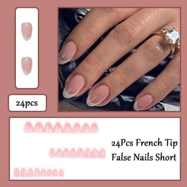 Almond False Nails with Glue - 24Pcs French Tip False Nails Short - Press on Nails - Pink Glossy French Tip False Nails Short - Acrylic Full Cover Stick on Nails with Elegant Design