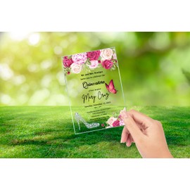 Avior Quinceanera Invitation, Gold Frame Invitation Designs, Birthday Quinceanera Party Clear Invitations High Heels