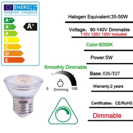 ukzboss PAR16 E27 5W 120V Dimmable 6000K Cool White Daylight Spotlight Bulb 120 Degree Beam Angle Equivalent to 50W Halogen Bulb for Tracking Fixture Home Lighting