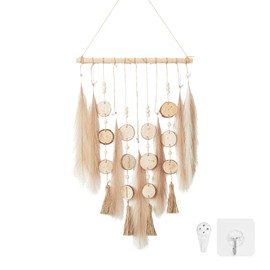 Pretty Jolly Artificial Hanging Pampas Plants Wall Decor with Wooden Beads Stick Fake Greenery Leaves Tassel Garland Art Boho Rustic Farmhouse Design for Bathroom Bedroom Living Room
