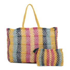 Women's Cotton and jute Beach Tote Bag, Crochet Knit Hollow Design, Stylish Tote for Beach,Travel and Everyday Use Aesthetic Handbag