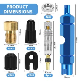 19 Piece French Presta Valve Core Set, Bicycle Presta Valve with Valve Caps, French Valve Adapter, Valve Key, Valve Protection Caps, Bicycle Accessories for Bicycles and Mountain Bikes