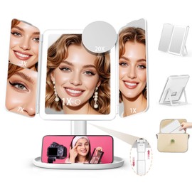 Mocado Makeup Mirror with Lights, 20X/7X/3X Magnifying Mirror with Light,Rechargeable & Height Adjustable Lighted Makeup Mirror,Vanity Mirror with 3 Colors Lights,Detachable Design for Travel(White)