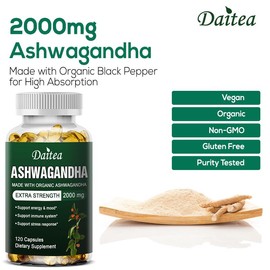Organic Ashwagandha 2000mg Supplement with Black Pepper – Immune & Energy Support – Non-GMO, 120 Capsules – Premium Withania Somnifera Formula