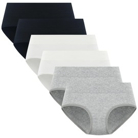 POPKOK Teen Girls Cotton Underwear Mid Waist Brief Panties 6 pack (10-12 Years, Black/White/Grey)