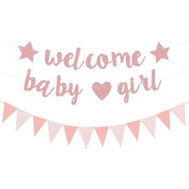 Welcome Baby Girl Banner,Pink Glitter Baby Shower Decorations,Triangle Flagsfor Gender Reveal Welcome Baby Party Supplies