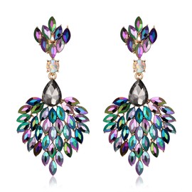 EleQueen Wedding Crystal Dangle Statement Earrings for Bride, Marquise Dark Green Iridescent AB Rhinestone Vintage Prom Style Chandelier Drop Earring for Woman