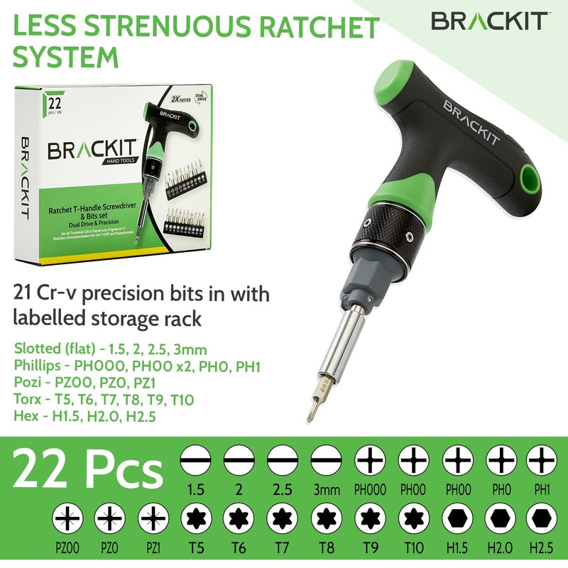 Brackit Dual Drive Ratchet T Handle Screwdriver and Bit Set
