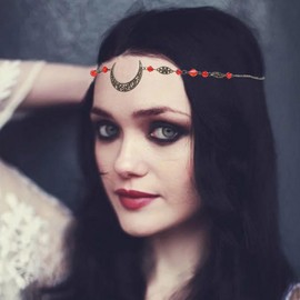 Yalice Boho Crescent Moon Head Chain Vintage Black Crystal Headband Chain Rhinestone Headpieces Witchy Forehead Chain for Women (Bronze-Red, One Size)