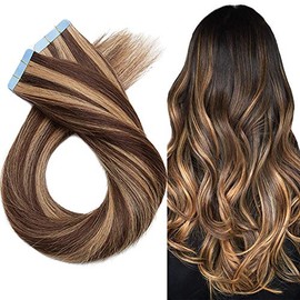 Glue In Hair Extensions Human Hair Tape In Real Human Hair Skin Weft Double Sided Tape Balayge Highlight Blonde Tape On Hair Extensions 14 inch 30g 20pcs #4P27 Medium Brown & Dark Blonde