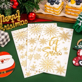 WDF 100 Pack Christmas Napkins Paper - 3ply Gold Snowflake Disposable Napkins-15.8 x 13 Inches Premium Quality Elegant Disposable Dinner Napkins For Christmas