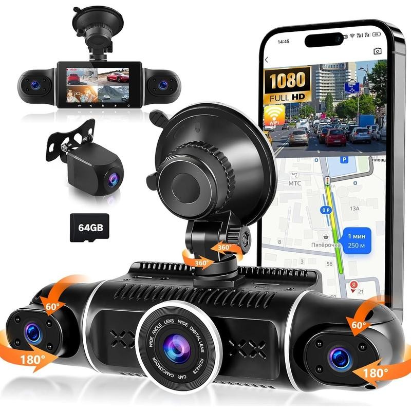 WiFi 360° Dash Cam Front and Rear Inside,4 Channel 3"
