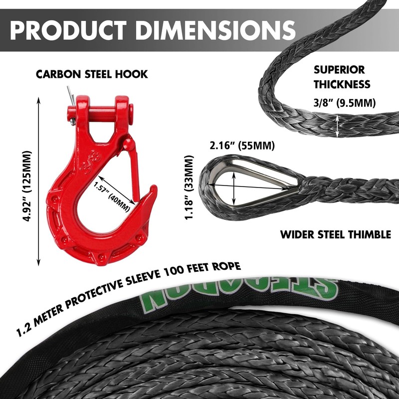 STEGODON Synthetic Winch Rope, 3/8" x100ft 23809LBS Dyneema Winch Rope