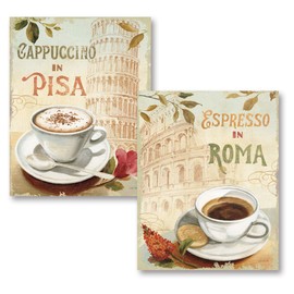 Vintage-Style Roma Colliseum and Leaning Tower of Pisa Coffee Set by Lisa Audit; Kitchen Decor; Two 11x14in Poster Prints