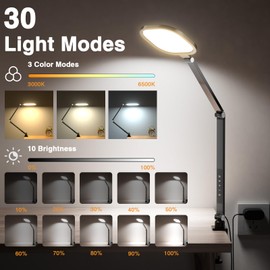 LitONES 2 Packs Led Desk Lamps for Home Office, 1200LM Dimmable Clamp-on Desktop Light, Adjustable Swing Arm Ring Light with Stand, Memory & Timer Function, Eye-Caring Design