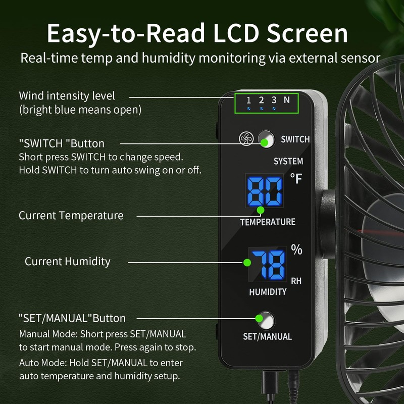 DAOTAILI Grow Tent Fan 6”, LCD Display with Sensor, Adjustable