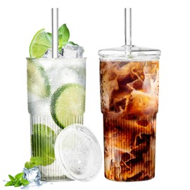 HIYAA Glass Cups with Lids and Straws, 20OZ Iced Coffee Cups, Home Essential and Coffee Bar Accessories, Stylish Design Drinking Glasses for Iced Coffee, Juice, Smoothies, Cold Beverages