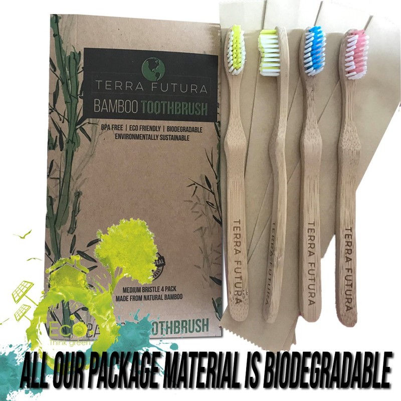 Terra Futura Bamboo Toothbrush 4 Pack, Ergonomic Toothbrush. Eco Friendly,